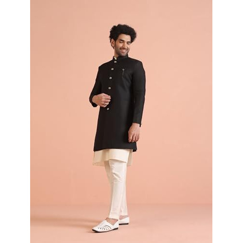 Kisah Men's Kurta Indo-Western Sherwani Trouser Set, Black Cotton Blend, Solid Dyed Regular Fit Mandarin Collar Long Sleeves (38)