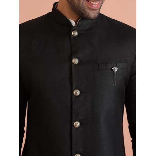 Kisah Men's Kurta Indo-Western Sherwani Trouser Set, Black Cotton Blend, Solid Dyed Regular Fit Mandarin Collar Long Sleeves (38)