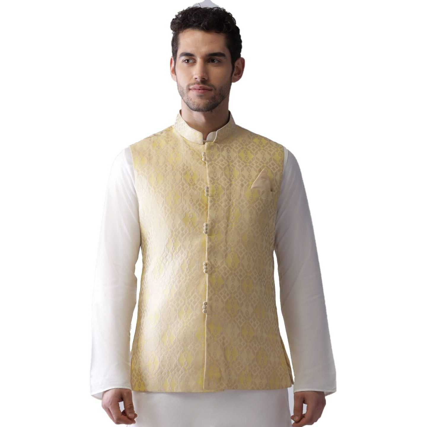 Kisah Men's Printed Sleeveless Textured Nehru Jacket | Ethnic Waistcoat/Jacket For Men (Yellow, 40)