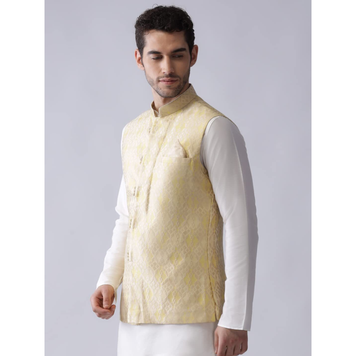 Kisah Men's Printed Sleeveless Textured Nehru Jacket | Ethnic Waistcoat/Jacket For Men (Yellow, 40)