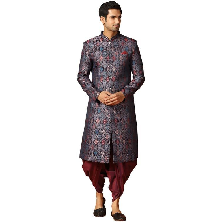 Kisah Men's Sherwani Dhoti Set, Indo-Western Multi Jacquard, Woven Design Regular Fit Mandarin Collar Long Sleeves (40)