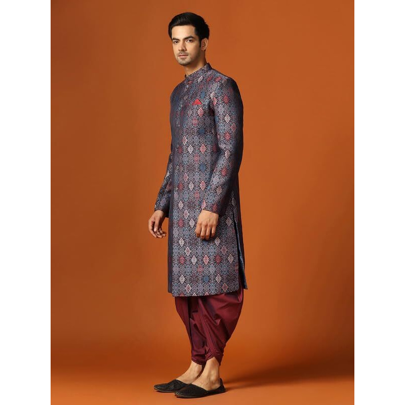 Kisah Men's Sherwani Dhoti Set, Indo-Western Multi Jacquard, Woven Design Regular Fit Mandarin Collar Long Sleeves (40)