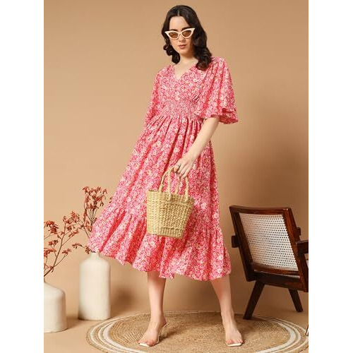 Kzully Women's Rayon Smocked Midi Casual Dress (6001-Pink-Flower-L_Pink-Flower_Large)