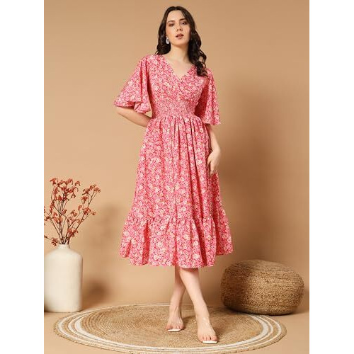Kzully Women's Rayon Smocked Midi Casual Dress (6001-Pink-Flower-L_Pink-Flower_Large)