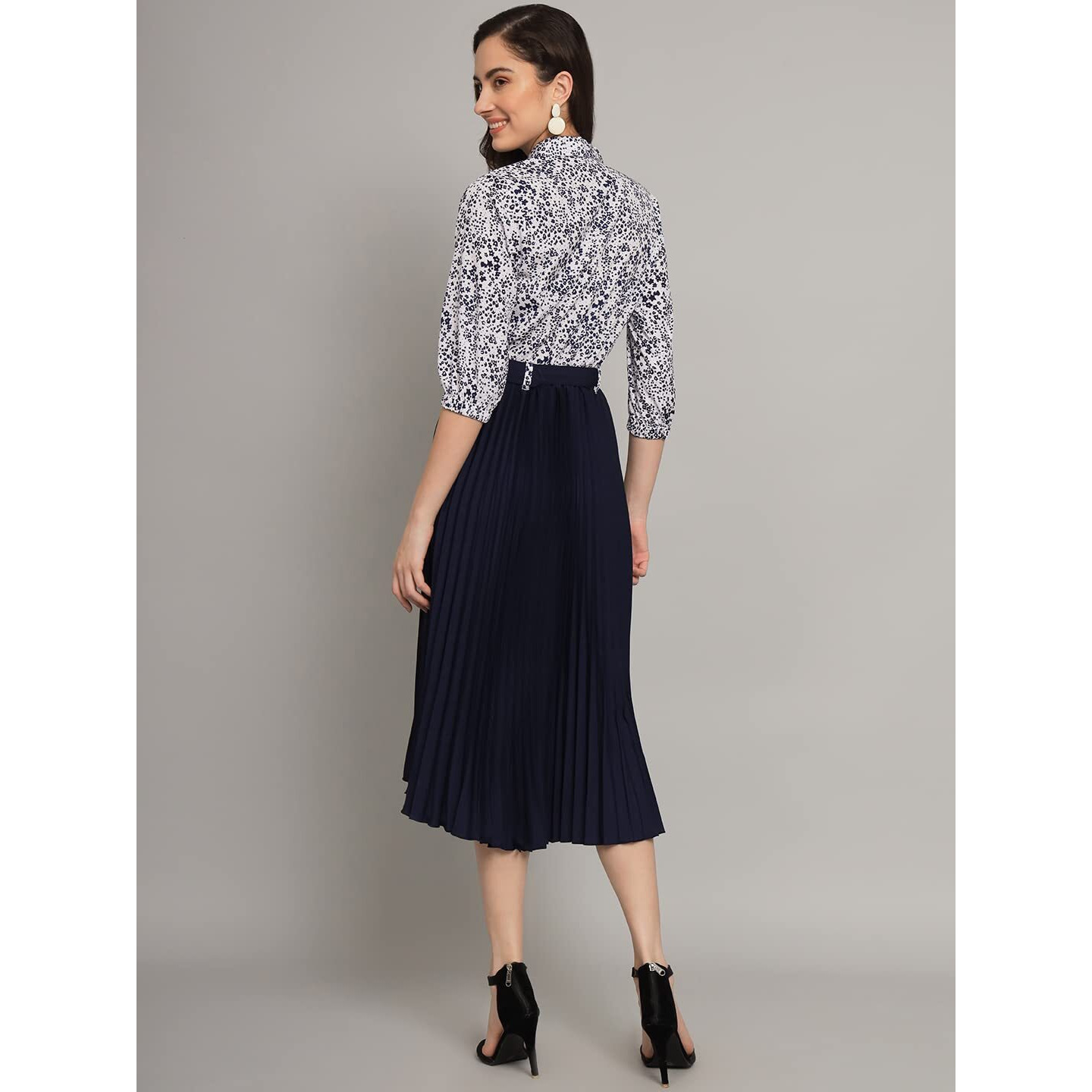 Kzully | Elegant A-Line Dress Collared V-Neck Top, Pleated Skirt With Elastic Waist, Includes Belt Navy Blue