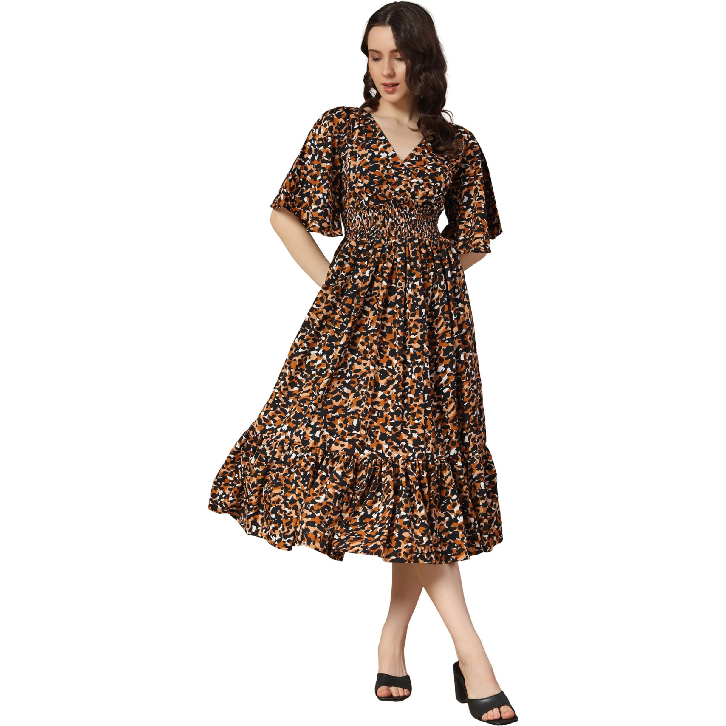 Kzully Women's Rayon Smocked One Piece Dress Midi Dress (6001_Tiger_Black_Small