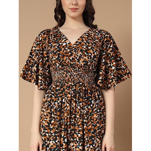 Kzully Women's Rayon Smocked One Piece Dress Midi Dress (6001_Tiger_Black_Small