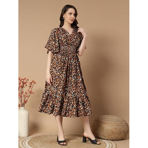 Kzully Women's Rayon Smocked One Piece Dress Midi Dress (6001_Tiger_Black_Small
