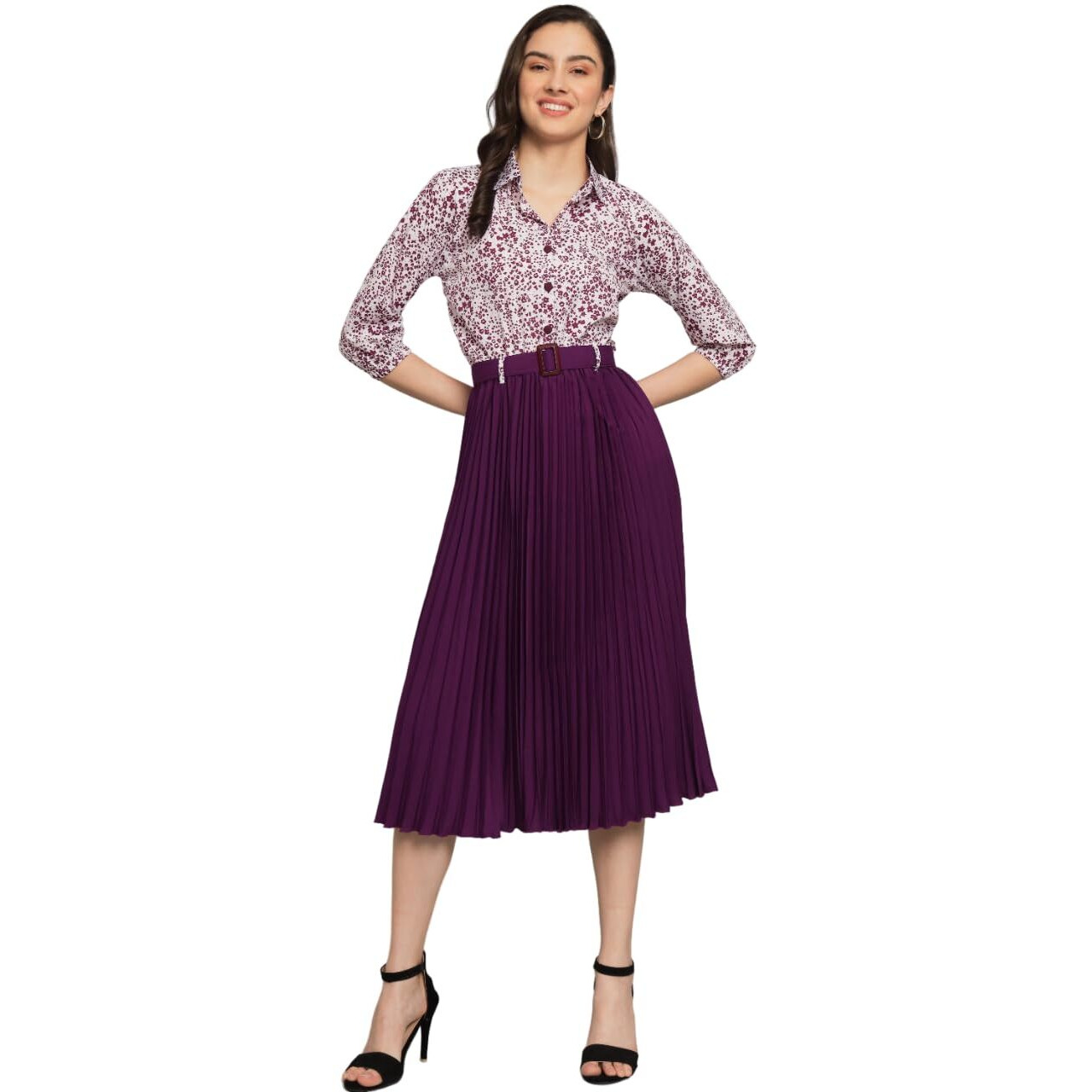 Kzully | Elegant A-Line Dress Collared V-Neck Top, Pleated Skirt With Elastic Waist, Includes Belt Purple