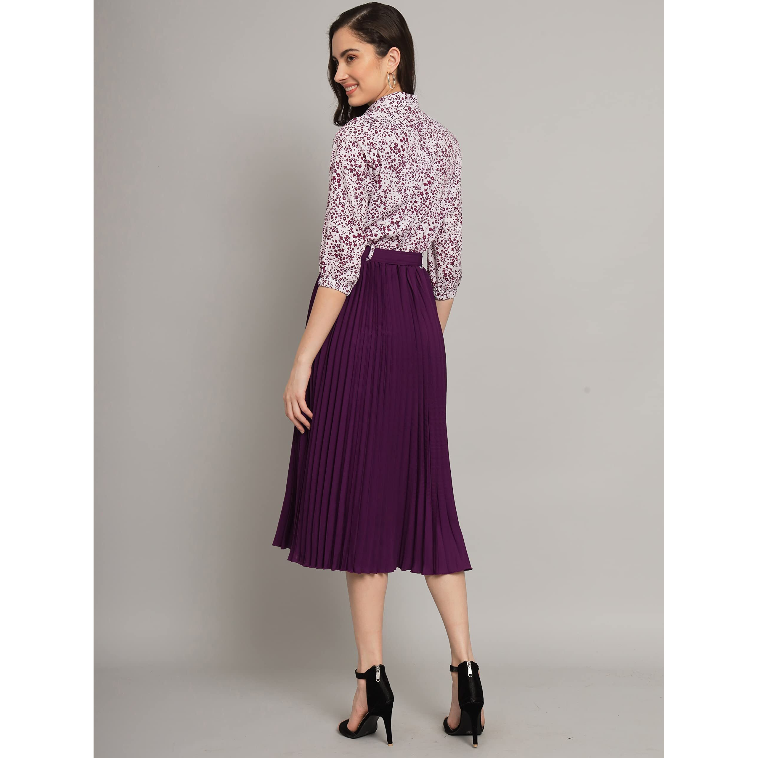 Kzully | Elegant A-Line Dress Collared V-Neck Top, Pleated Skirt With Elastic Waist, Includes Belt Purple