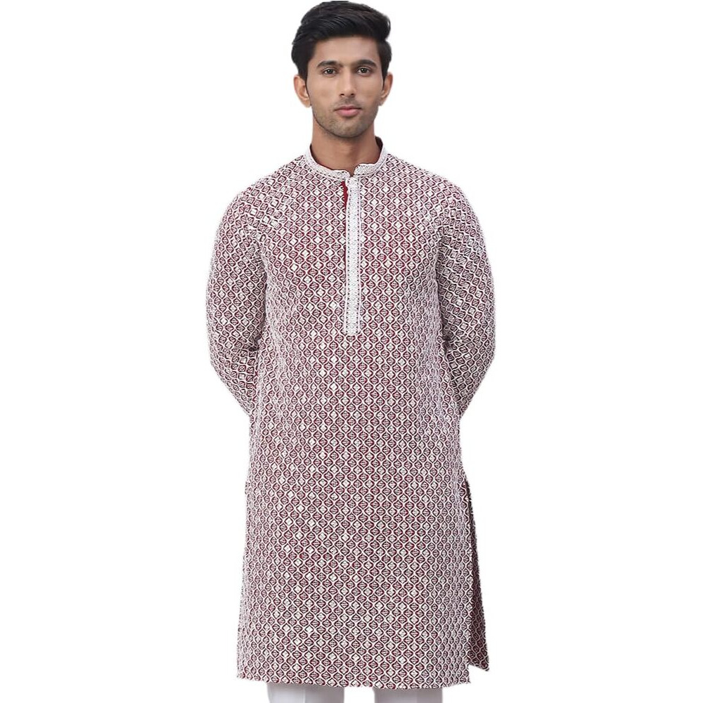 Jompers Maroon Men's Chikankari Embroidered And Sequence Kurtas (Maroon, S)