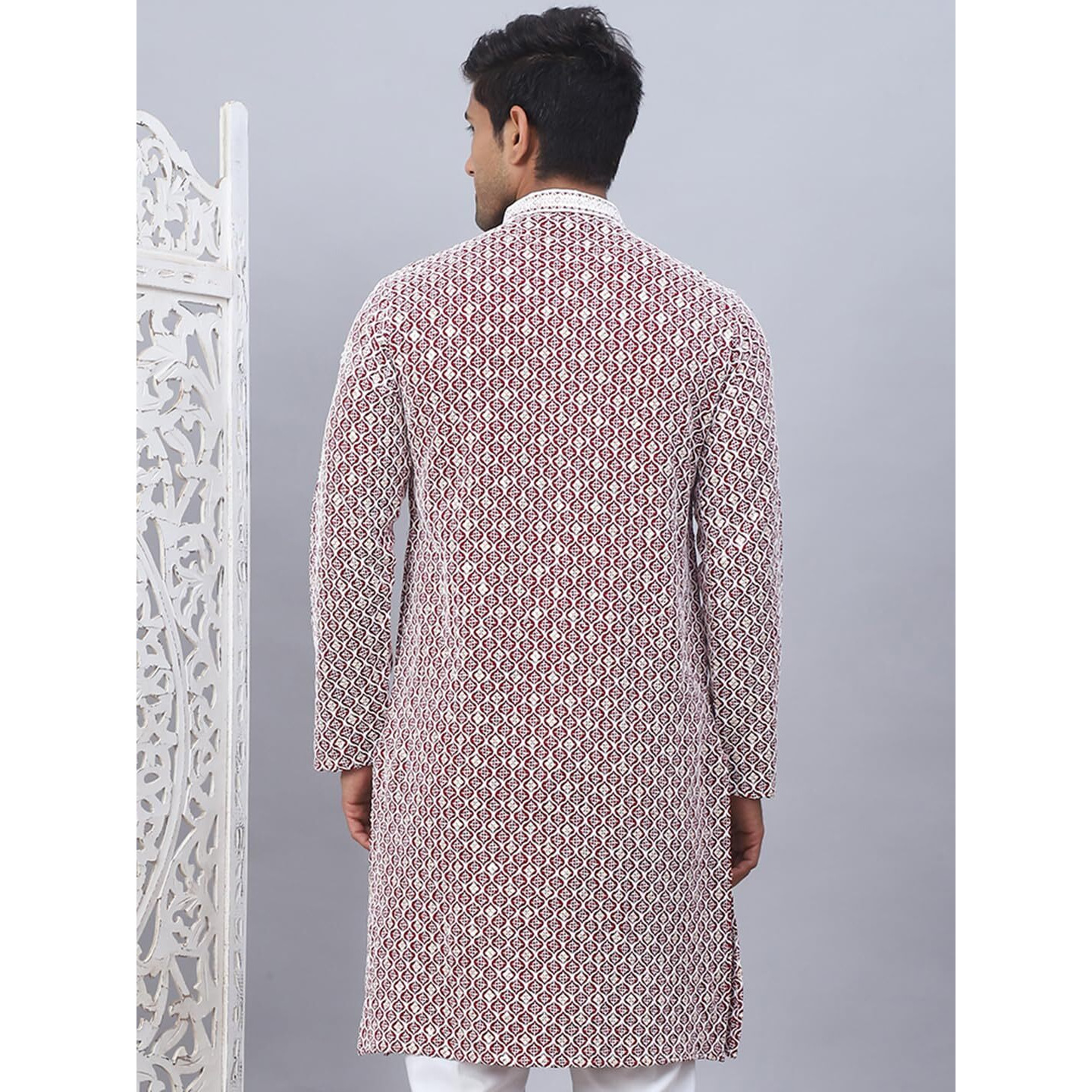 Jompers Maroon Men's Chikankari Embroidered And Sequence Kurtas (Maroon, S)
