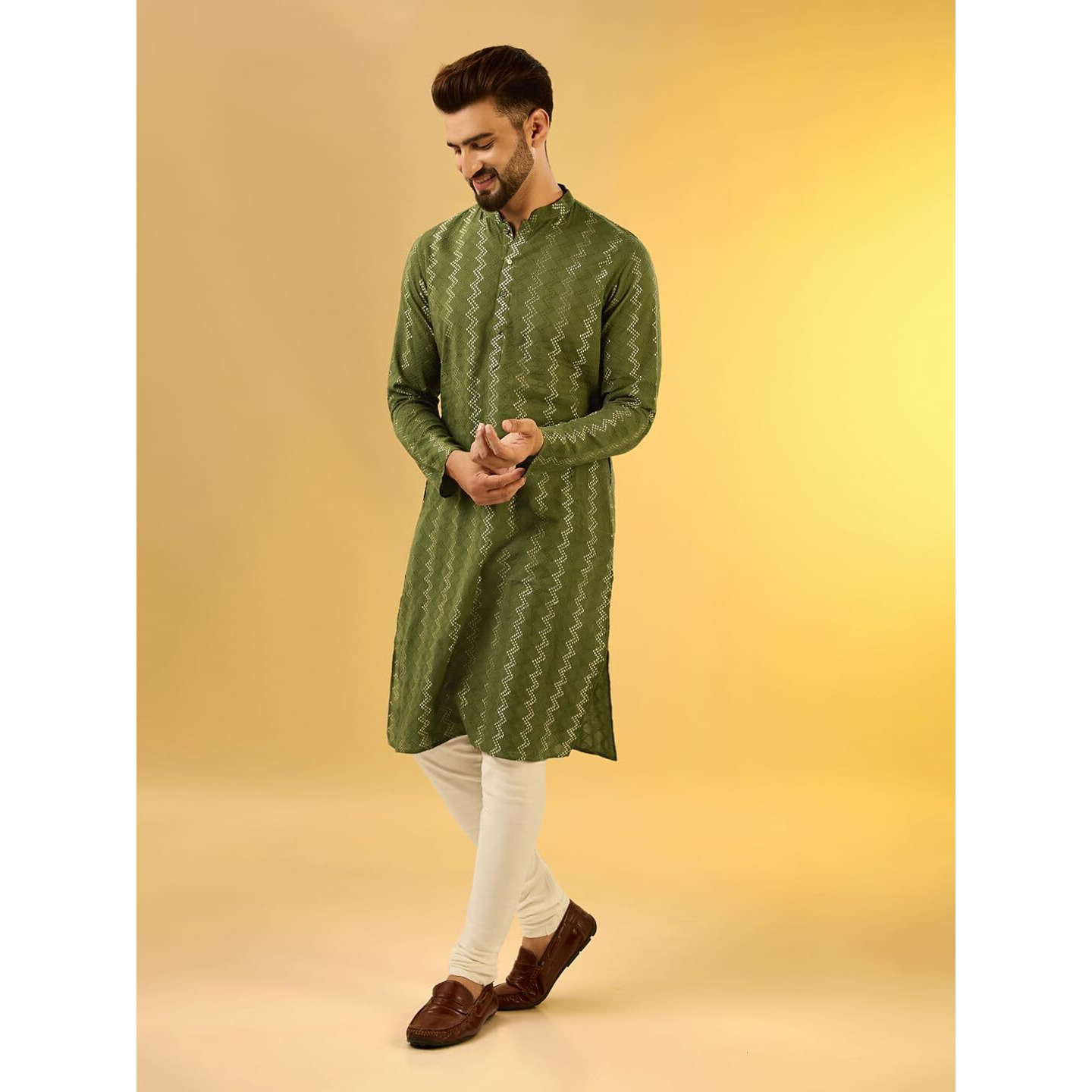 Kisah Men's Olive Kurta Churidar Set, Regular Fit Knee Length Full Sleeves (L)