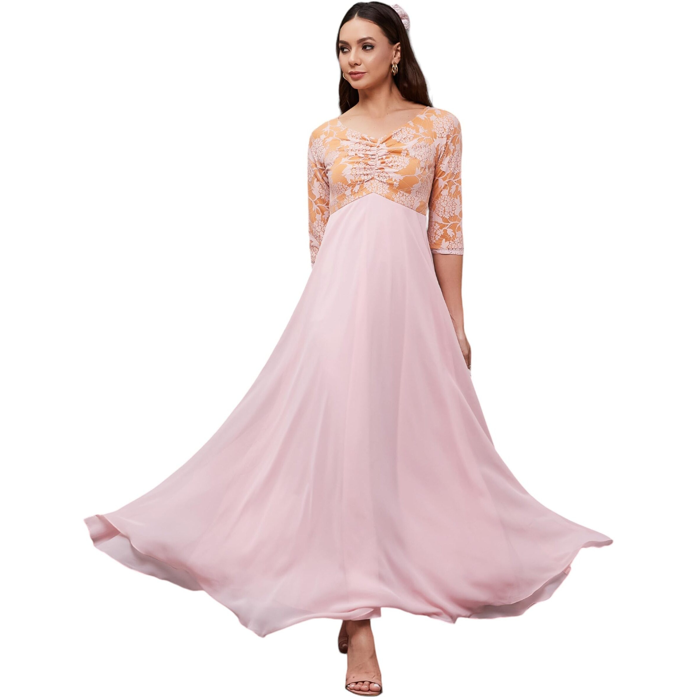 Miss Chase Women's Sweet-Heart Neck 3/4 Sleeve Fit & Flare Maxi Dress With Pockets (Plus Size) (Mcss22D13-62-234-04, Dusty Pink, M)