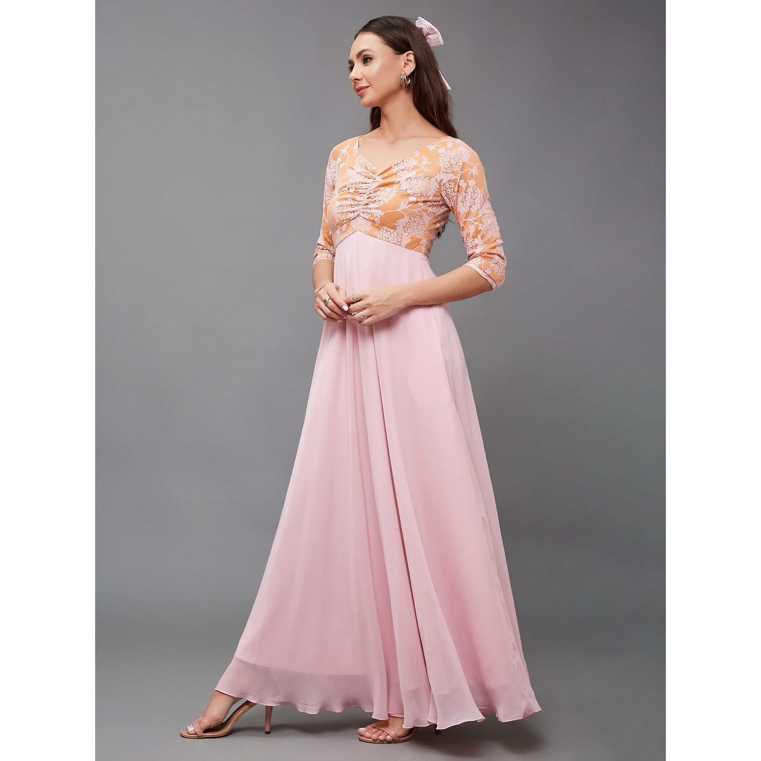 Miss Chase Women's Sweet-Heart Neck 3/4 Sleeve Fit & Flare Maxi Dress With Pockets (Plus Size) (Mcss22D13-62-234-04, Dusty Pink, M)