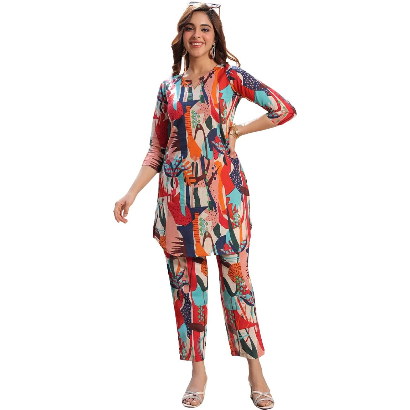 Nainvish Women's Multicolor Printed Straight Rayon Blend Notch Neck Co-Ord Set (Sd729_Kb-S_Multicolor)
