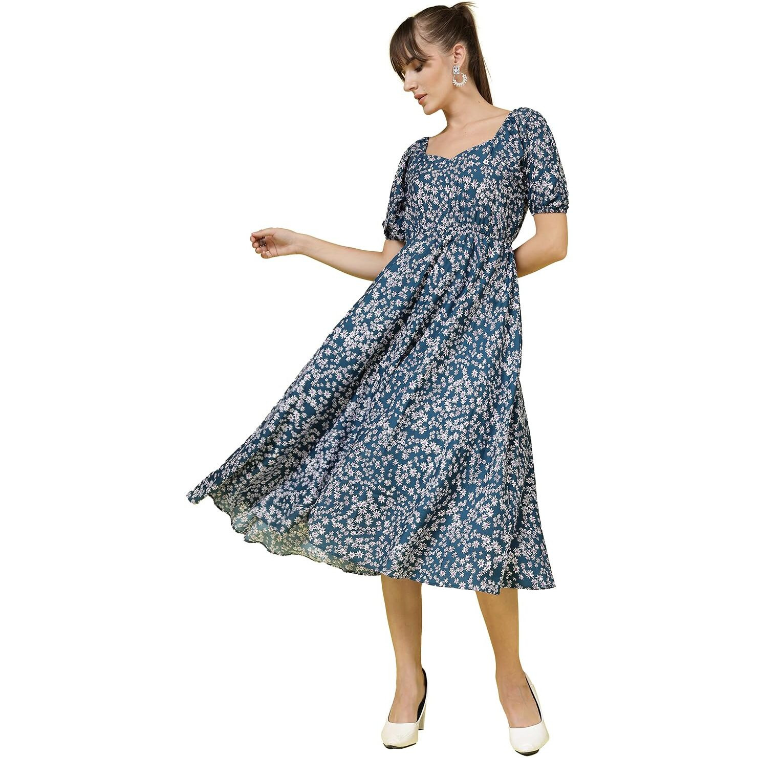 Oomph Flared Dress For Women Stylish | Long One Piece For Women | Puff Sleeve Long Dress | Floral Print Maxi One Piece | Western & Fusion Wear Teal Blue