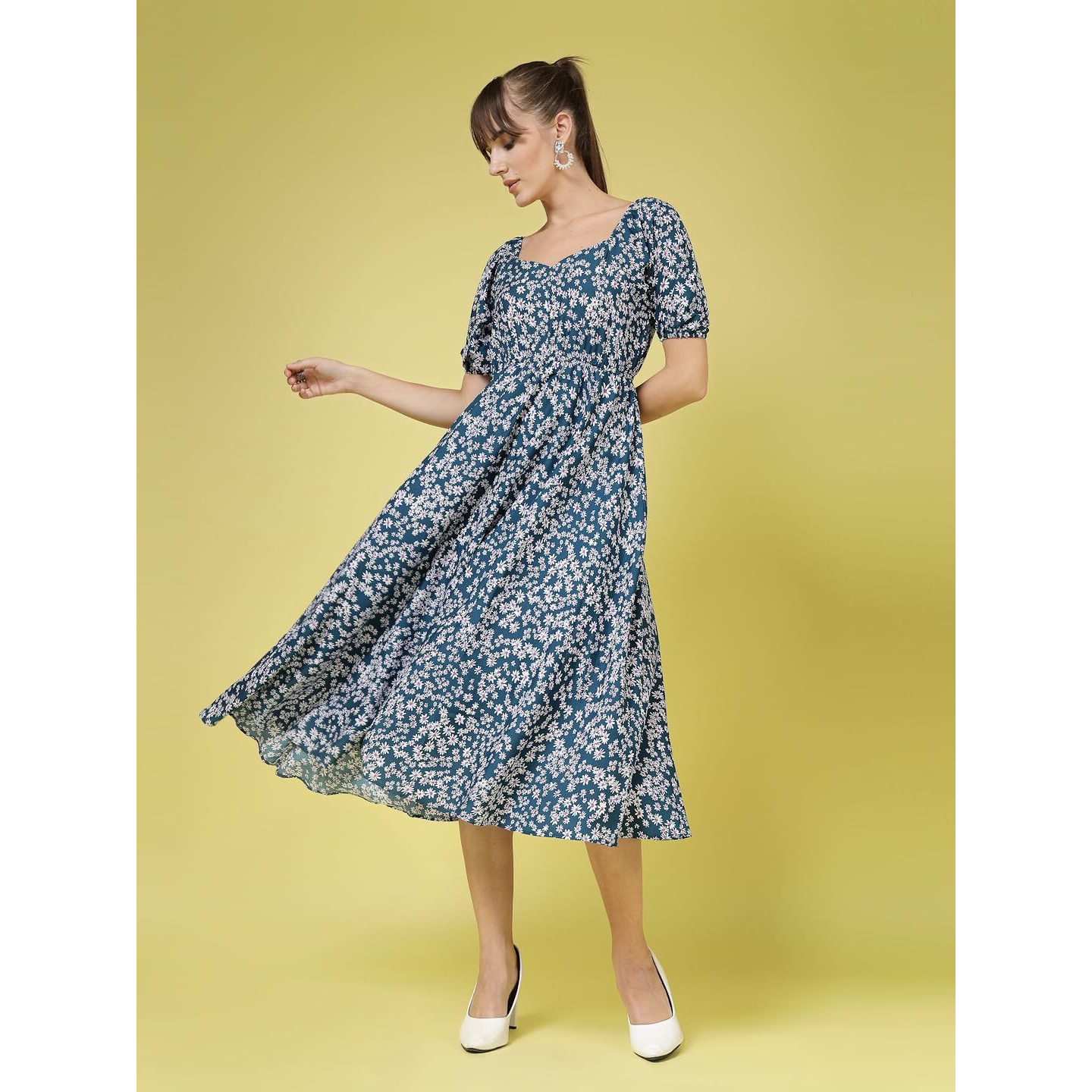Oomph Flared Dress For Women Stylish | Long One Piece For Women | Puff Sleeve Long Dress | Floral Print Maxi One Piece | Western & Fusion Wear Teal Blue