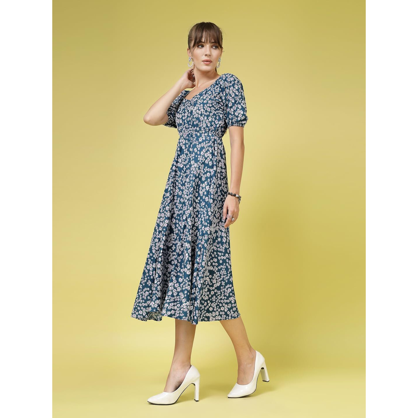 Oomph Flared Dress For Women Stylish | Long One Piece For Women | Puff Sleeve Long Dress | Floral Print Maxi One Piece | Western & Fusion Wear Teal Blue