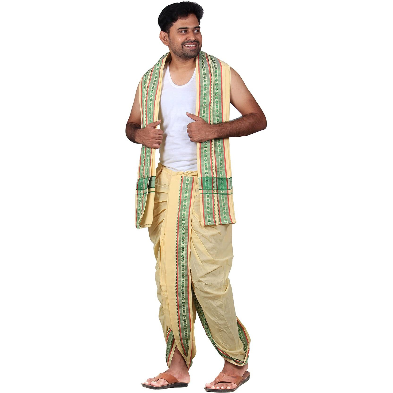 Prakasam Cotton Men's Stitched Panchakacham (Ready To Wear) Dhoti Towel Set With Pocket- Free Size. (Cream-2)