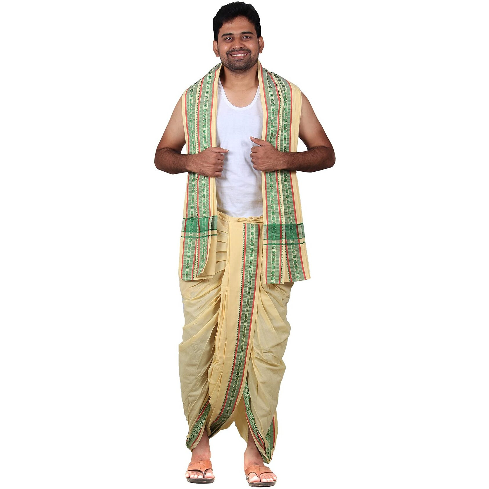 Prakasam Cotton Men's Stitched Panchakacham (Ready To Wear) Dhoti Towel Set With Pocket- Free Size. (Cream-2)