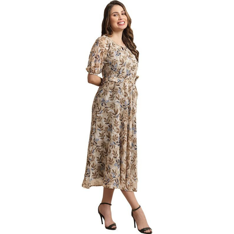 Preneum Women Fit & Flare Latest Style Print Georgette Regular Sleeves Casual Summer Maxi Dress | Festival & Occasion, Brown, 2Xl
