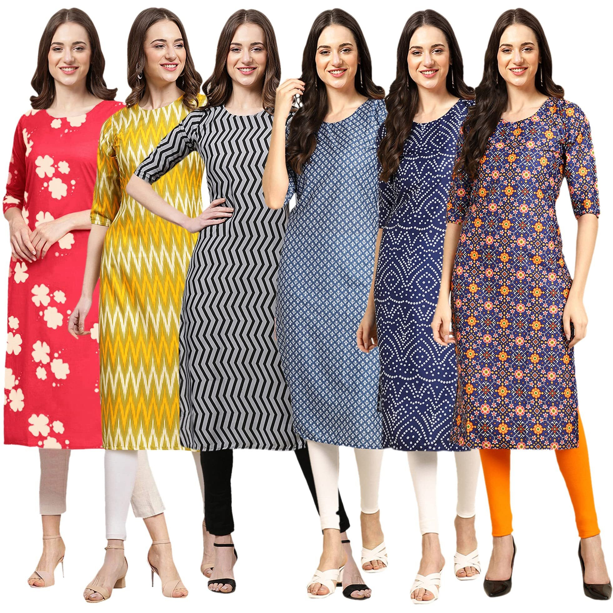 Pinkmint Women's Crepe Digital Print Straight Kurta(Pack Of 6)[Qv-380-329-336-367-366-369-S]