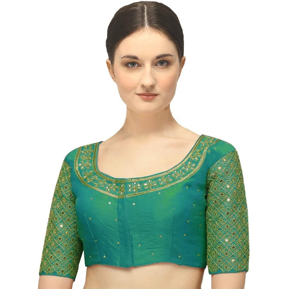 Pujia Mills Women's Silk Half Sleeve Blouse (Kundan Blouse Variation_Rama_38)
