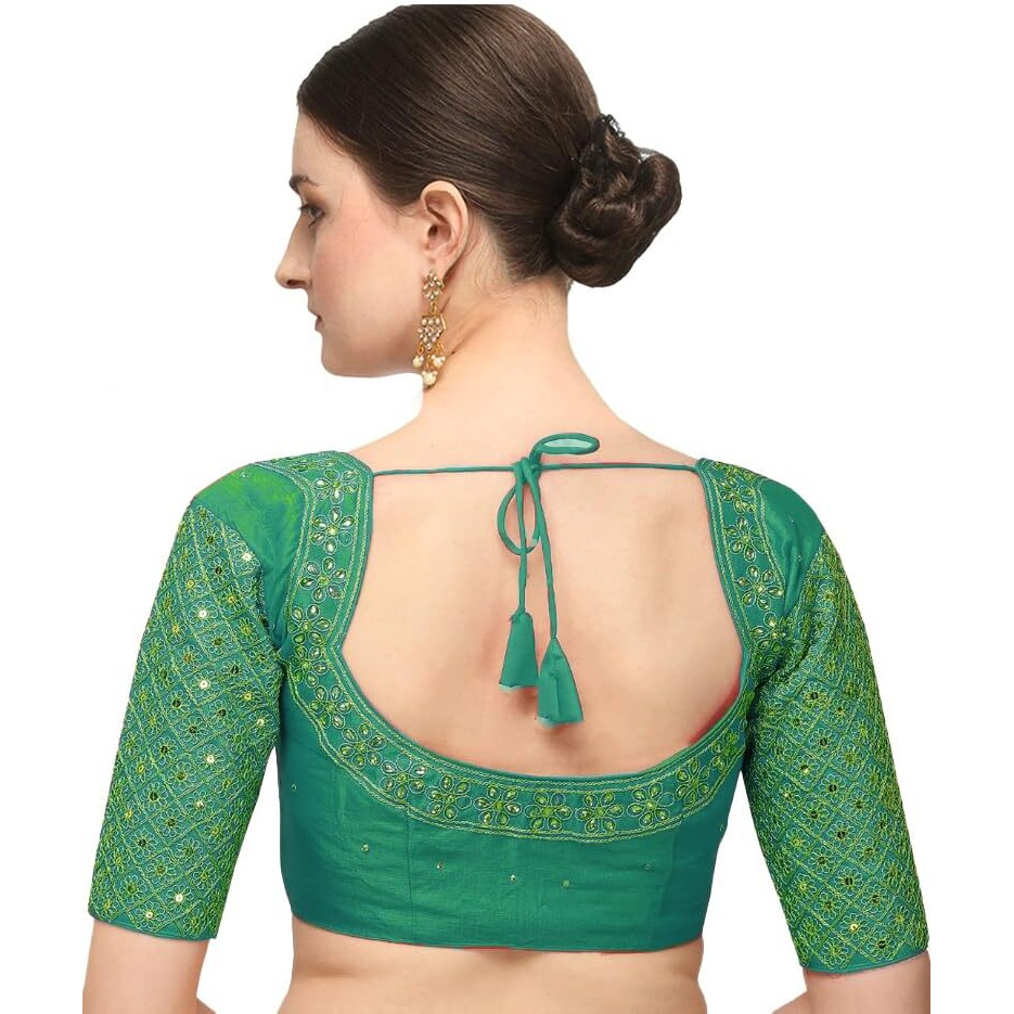 Pujia Mills Women's Silk Half Sleeve Blouse (Kundan Blouse Variation_Rama_38)