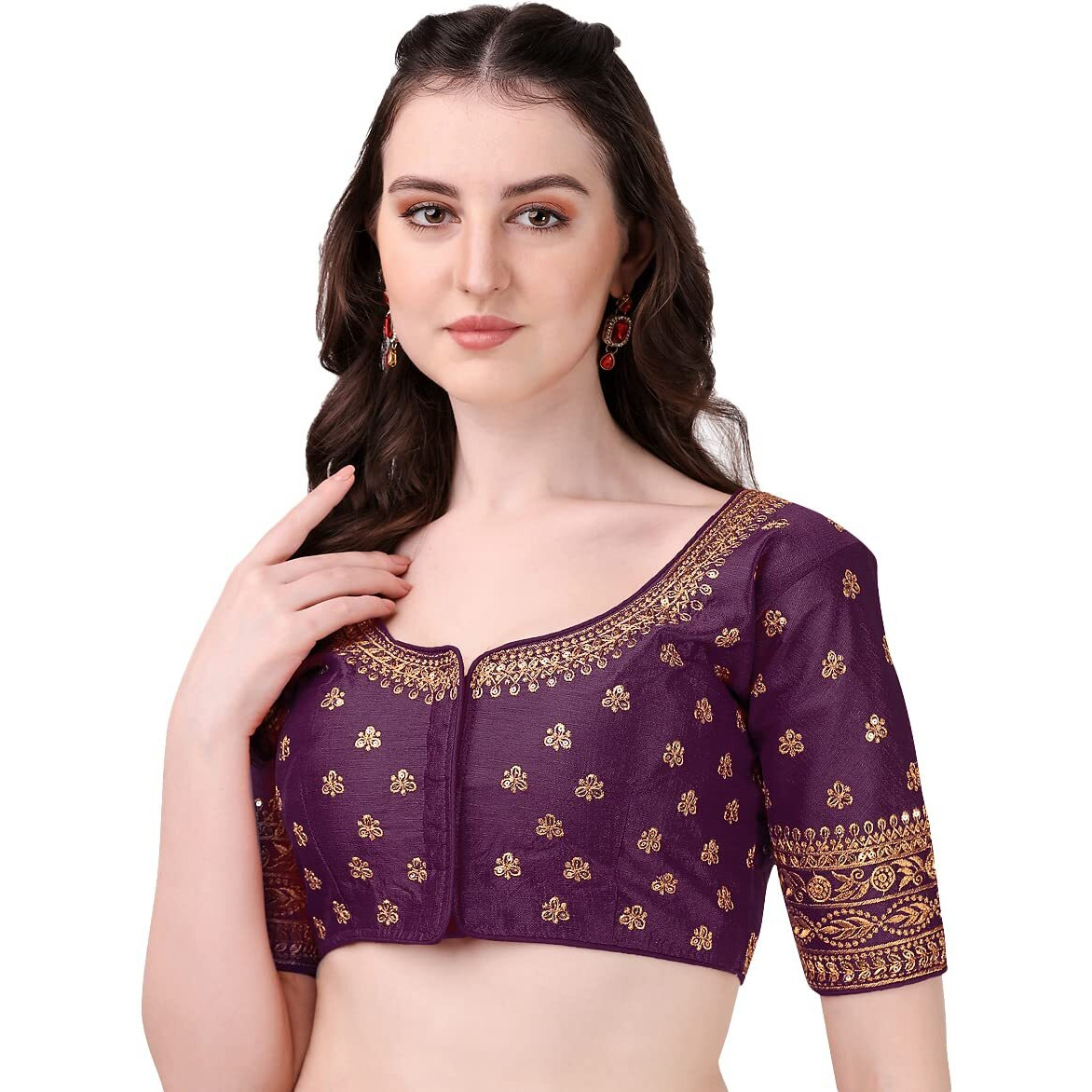 Pujia Mills Women's Silk Embroidery Coding Multi Work Readymade Saree Blouse (Bundi Wine_38)