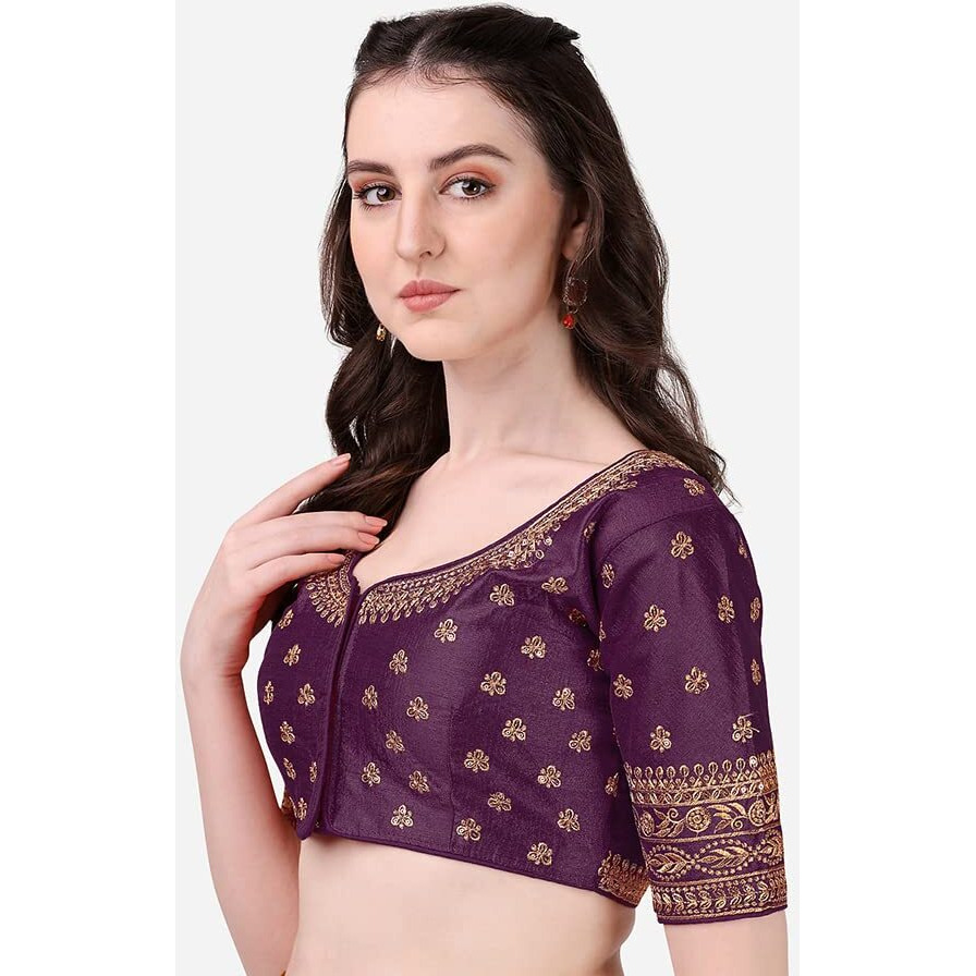 Pujia Mills Women's Silk Embroidery Coding Multi Work Readymade Saree Blouse (Bundi Wine_38)
