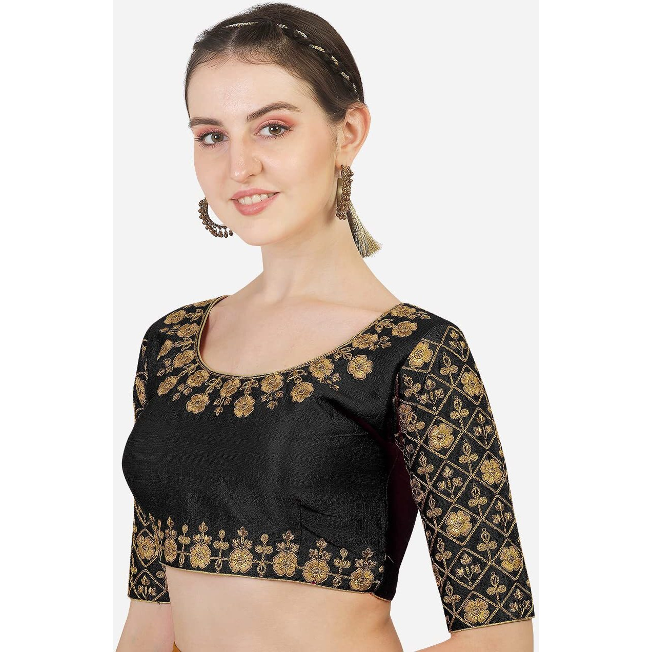 Pujia Mills Women's Phantom Silk Embroidery Handwork Work Half Sleeve Readymade Saree Blouse (Madhubala Blouse_Black_ 36 Size +Margin