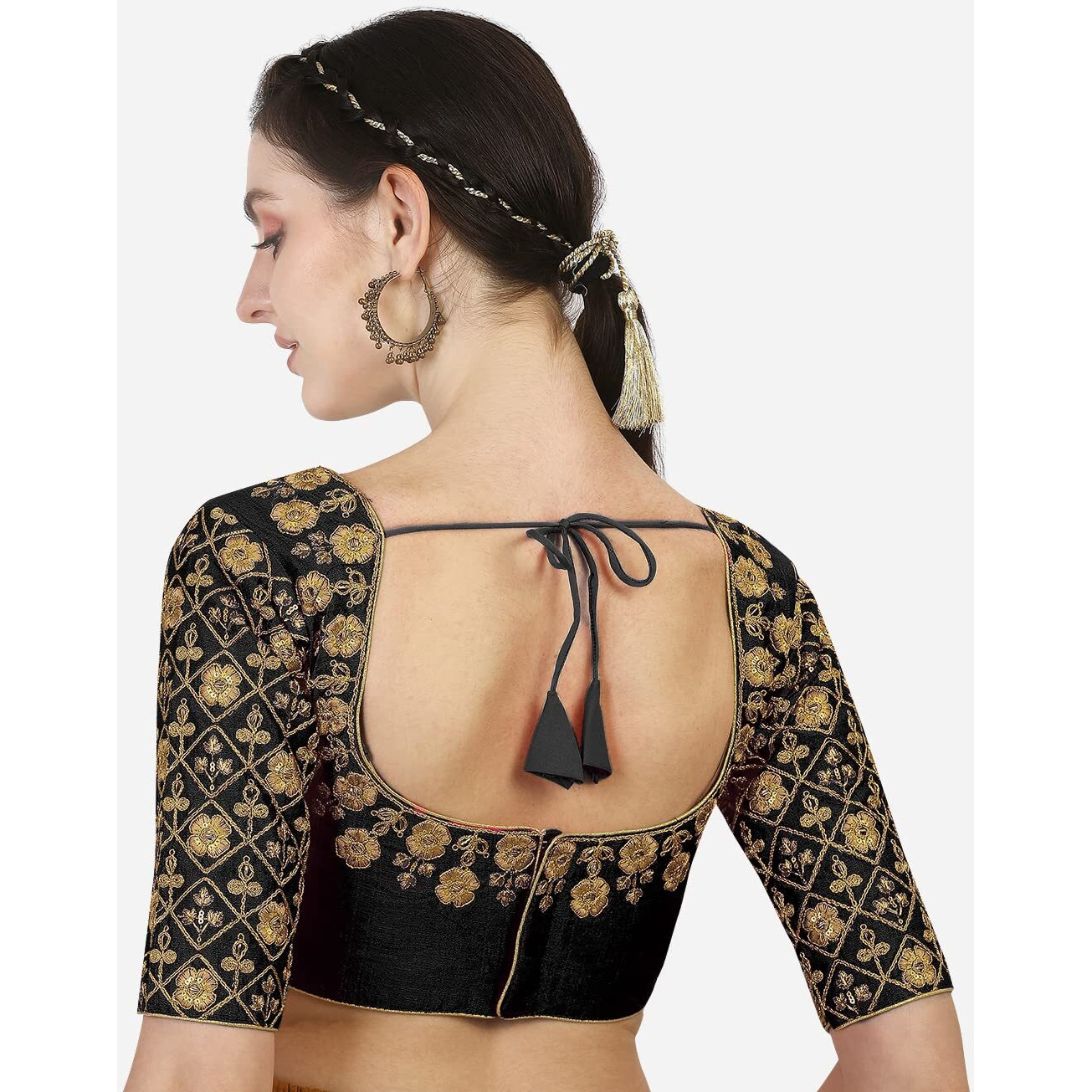 Pujia Mills Women's Phantom Silk Embroidery Handwork Work Half Sleeve Readymade Saree Blouse (Madhubala Blouse_Black_ 36 Size +Margin