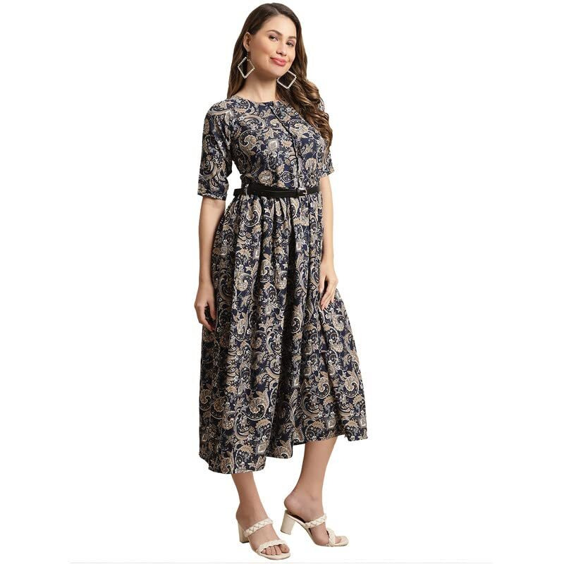 Preneum Women's Georgette Floral Printed 3/4 Slevees A-Line Fit & Flare Gown With Beltindo-Western Ethnic Gown || A-Line Maxi Dress Casual Wear || Fit & Flare Flared Hem Design, Navy Blue, 2Xl