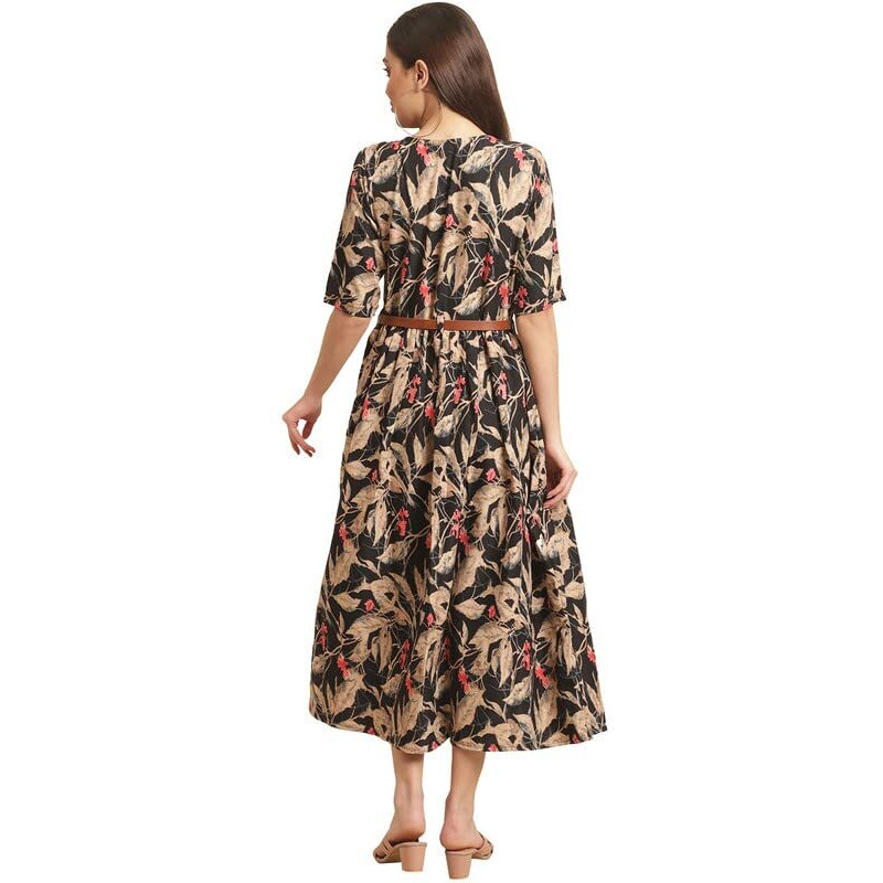 Preneum Women's Rayon Fit And Flare Standard Length Dress (Gown-A-115_Brown_L)