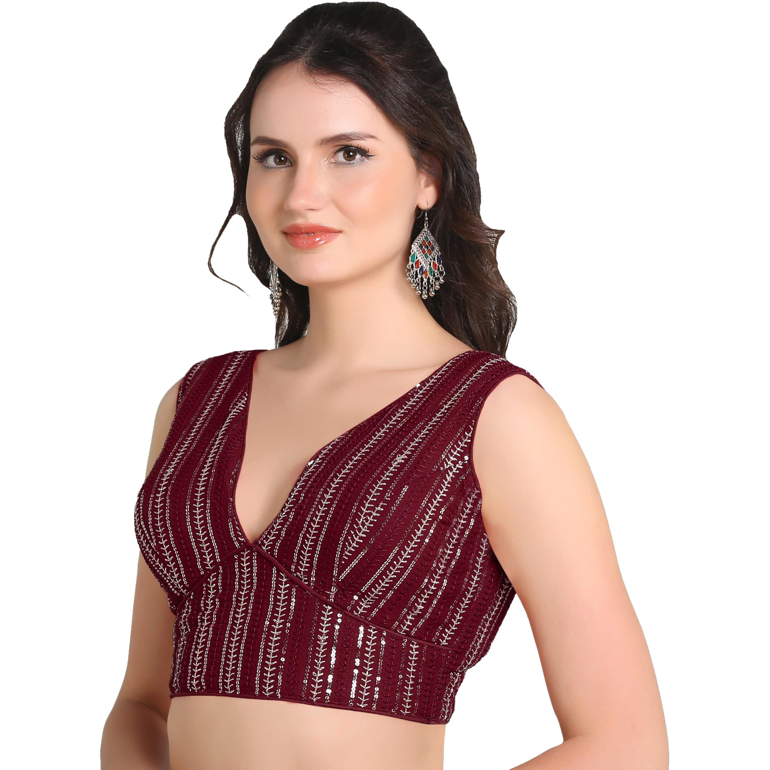 Pujia Mills Women's Indian Ethnic Wear Sabyasachi Sequence With Dhaga Embroidered Zari Work Sweetheart Neck Blouse Sleeveless Readymade Padded Saree Back Open String Pattern Blouse