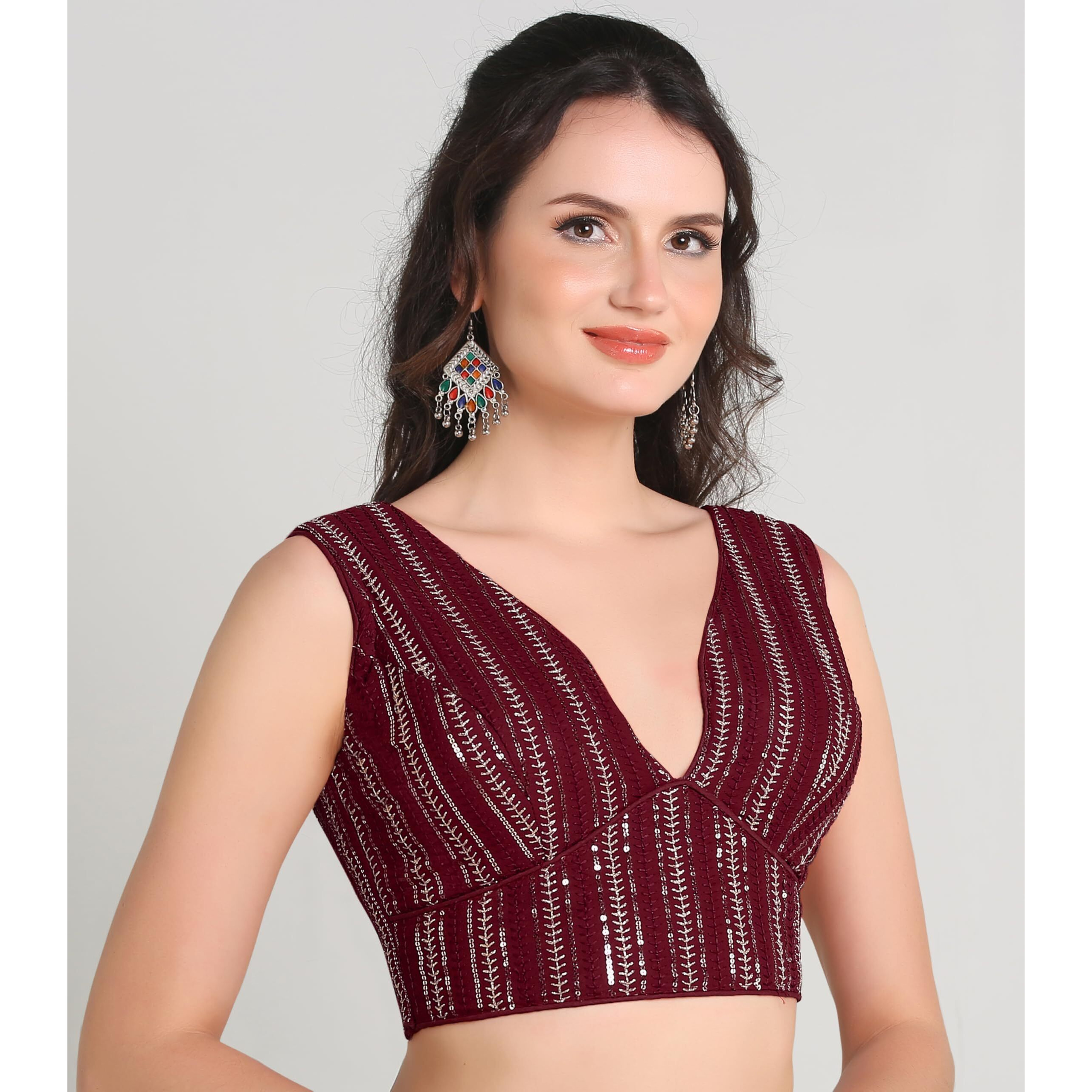 Pujia Mills Women's Indian Ethnic Wear Sabyasachi Sequence With Dhaga Embroidered Zari Work Sweetheart Neck Blouse Sleeveless Readymade Padded Saree Back Open String Pattern Blouse