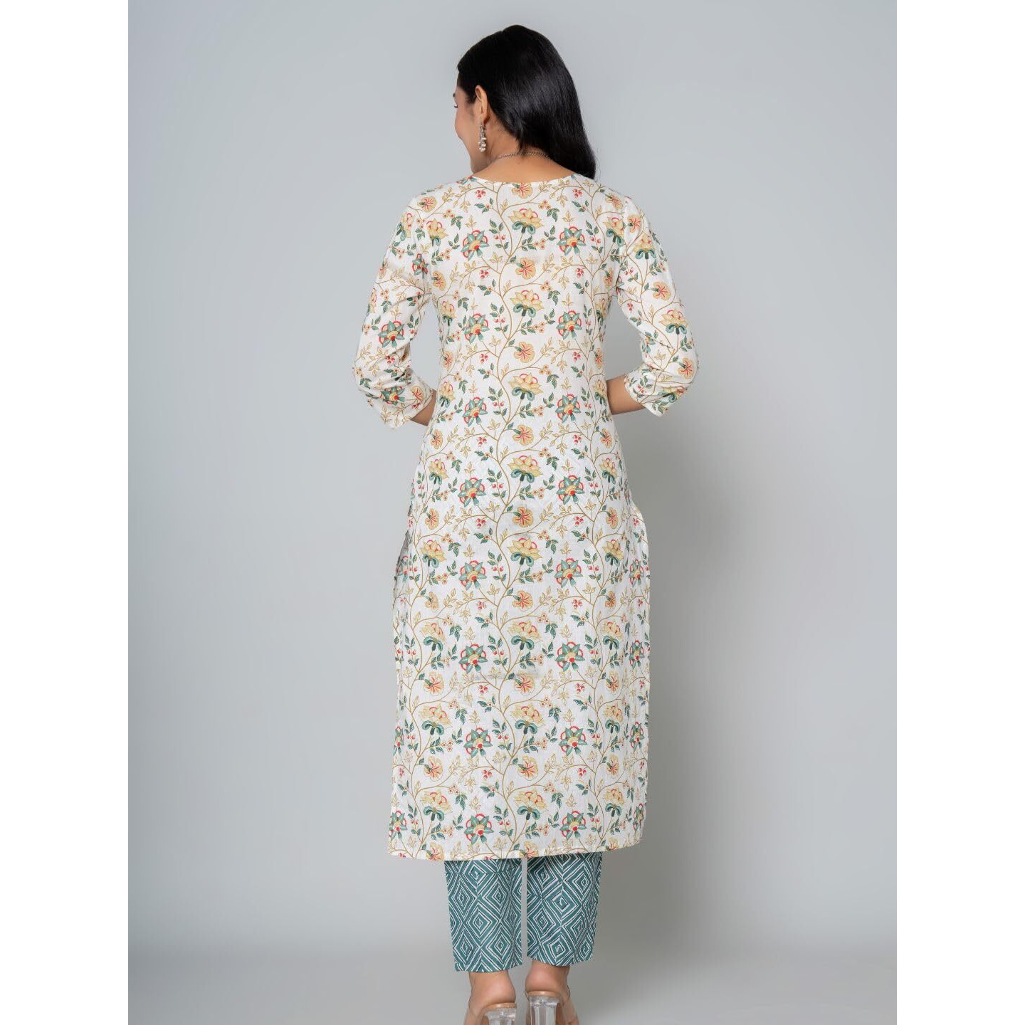 Rytras Women's Cotton Printed Straight Kurta With Pant(Ryt542,Green,M)