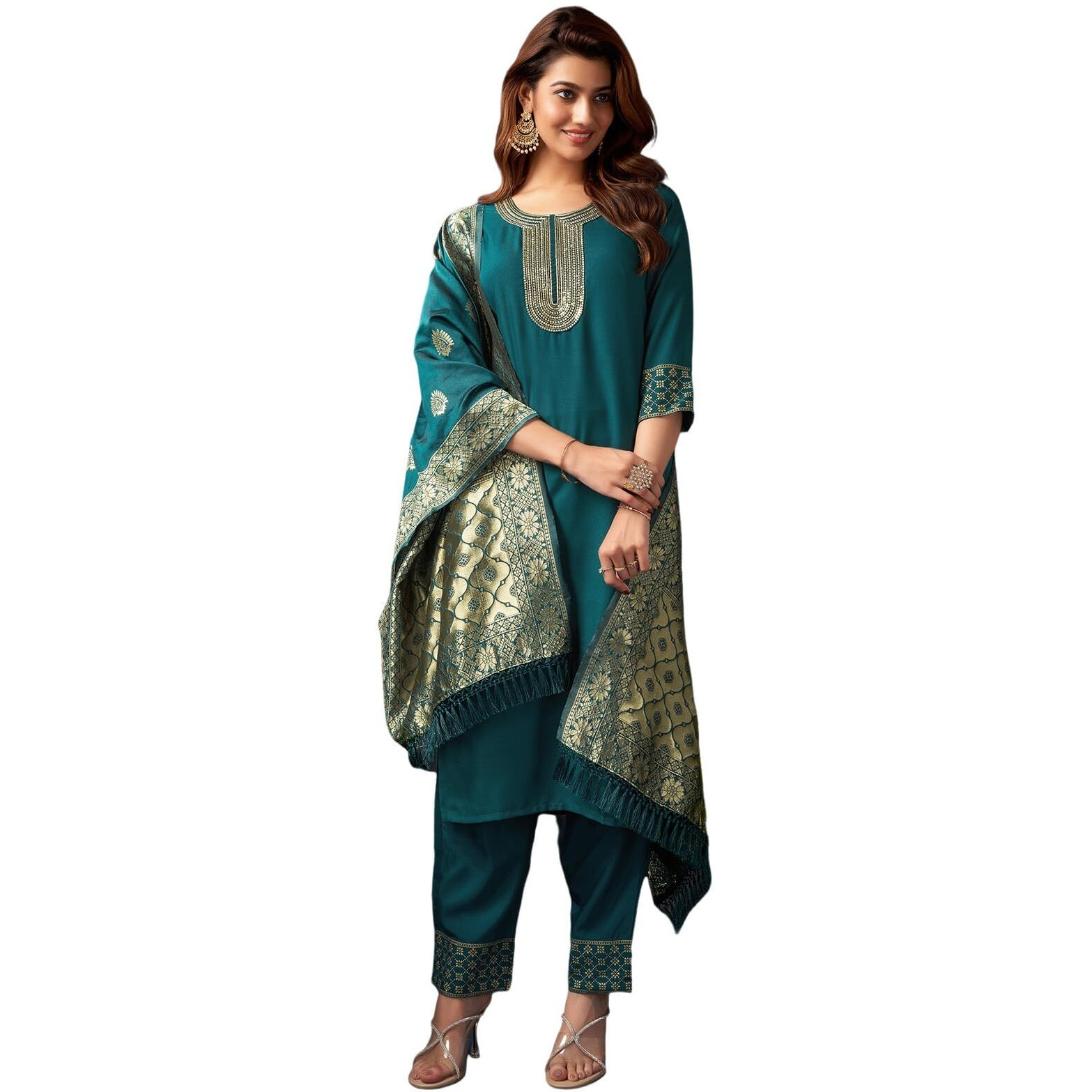 Sanisa Women's Cotton Blend Sequins And Embroidery Work Straight Kurta With Pant And Dupatta Set (221Kbd2350N-S_Rama Green5)