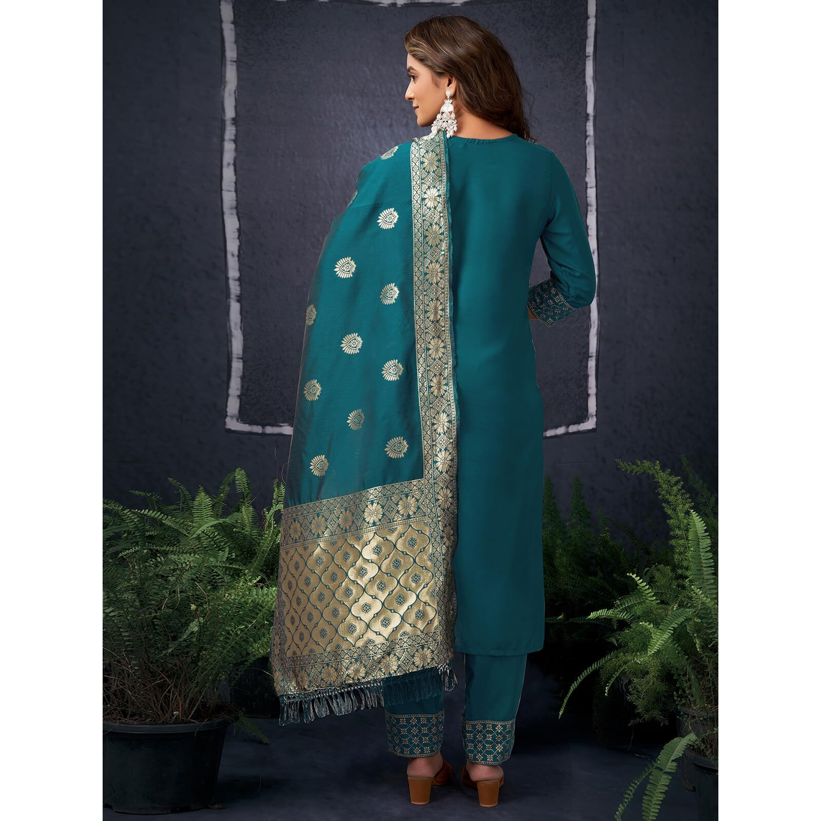 Sanisa Women's Cotton Blend Sequins And Embroidery Work Straight Kurta With Pant And Dupatta Set (221Kbd2350N-S_Rama Green5)