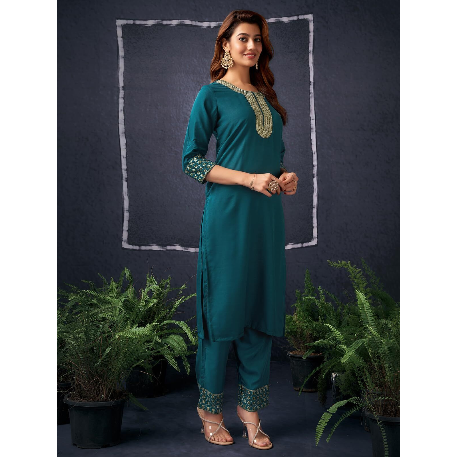 Sanisa Women's Cotton Blend Sequins And Embroidery Work Straight Kurta With Pant And Dupatta Set (221Kbd2350N-S_Rama Green5)