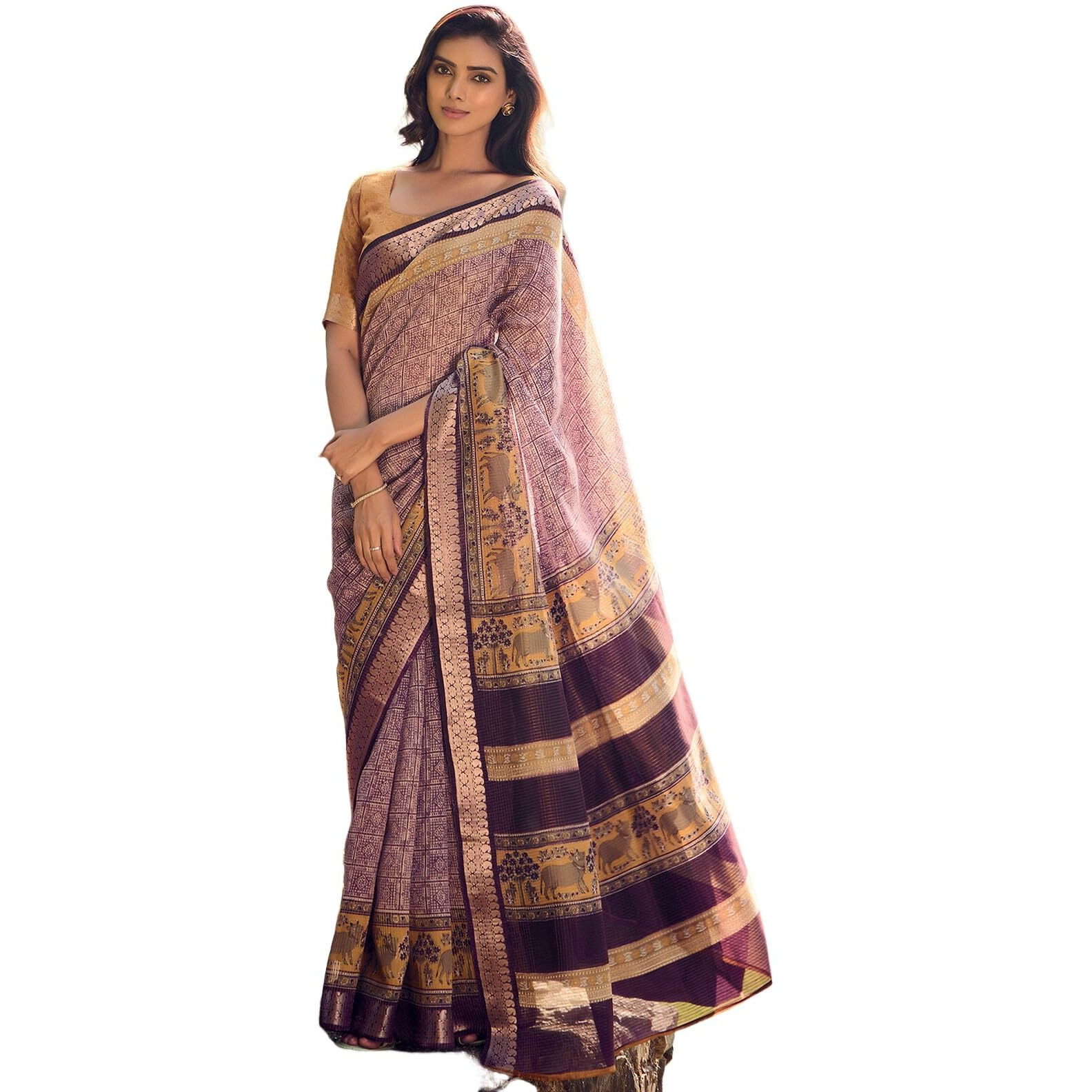 Satrani Women's Cotton Silk Printed Weaving Saree With Unstitched Blouse Piece (4103S872N_Wine & Off White)