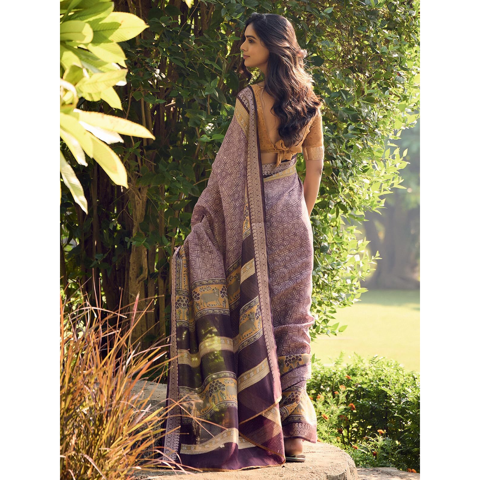 Satrani Women's Cotton Silk Printed Weaving Saree With Unstitched Blouse Piece (4103S872N_Wine & Off White)