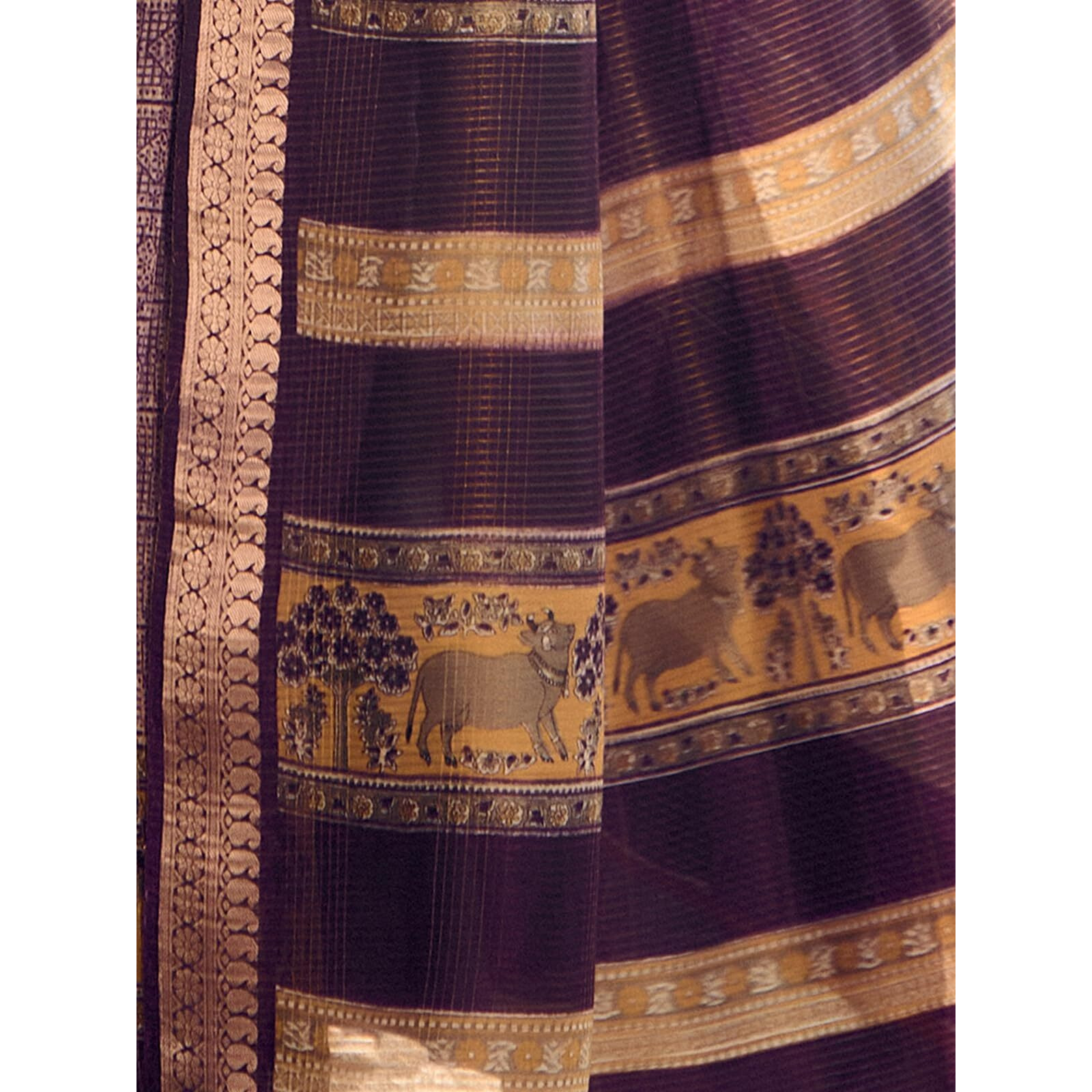 Satrani Women's Cotton Silk Printed Weaving Saree With Unstitched Blouse Piece (4103S872N_Wine & Off White)