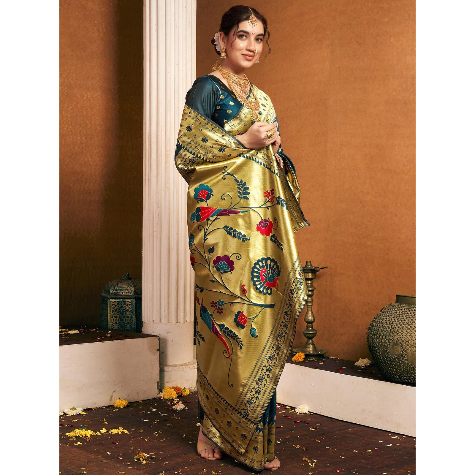 Satrani Women's Silk Paithani Jacquard Weaving Saree With Unstitched Blouse Piece (4046S6303N_Rama Blue)