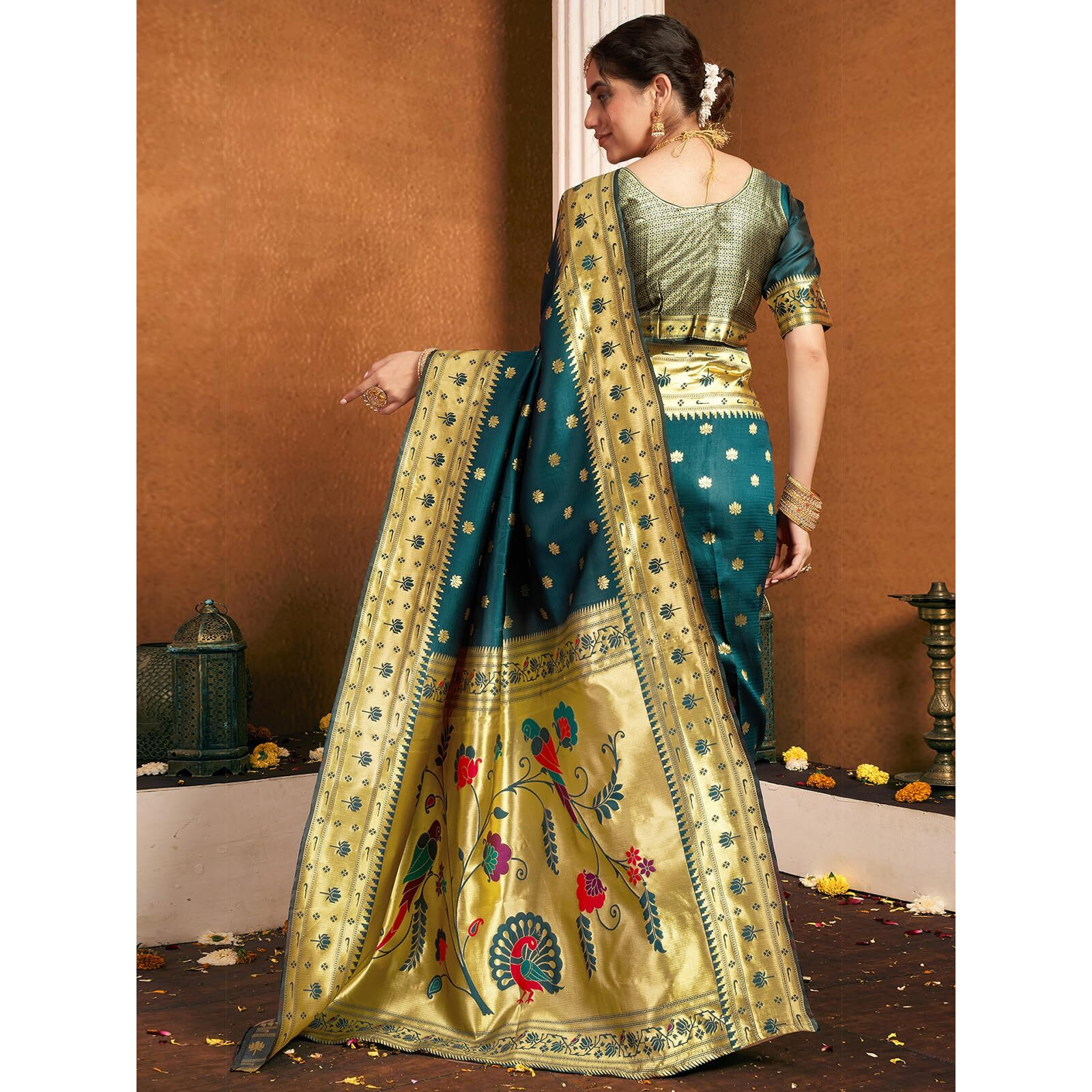 Satrani Women's Silk Paithani Jacquard Weaving Saree With Unstitched Blouse Piece (4046S6303N_Rama Blue)