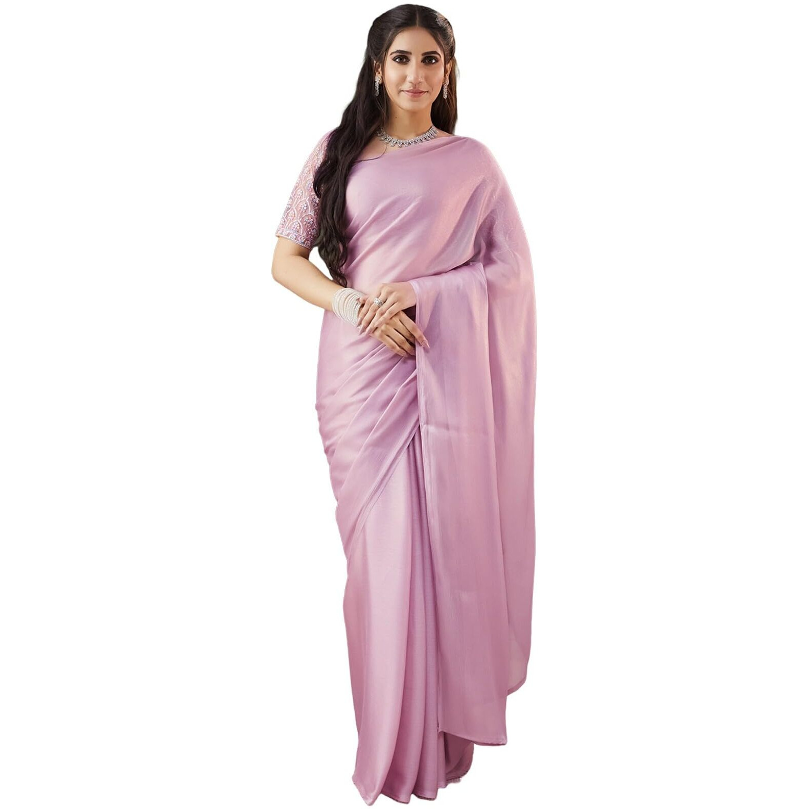 Satrani Women's Shimmer Georgette Top Dyed Saree With Unstitched Blouse Piece (4091S361N_Light Mauve)