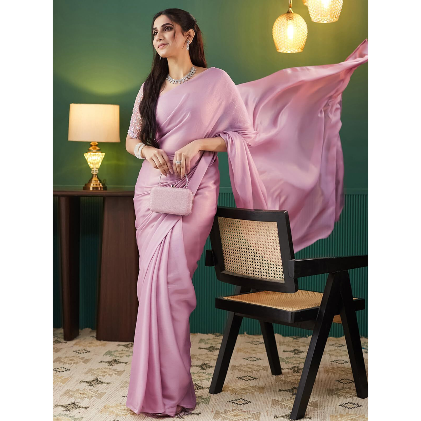 Satrani Women's Shimmer Georgette Top Dyed Saree With Unstitched Blouse Piece (4091S361N_Light Mauve)