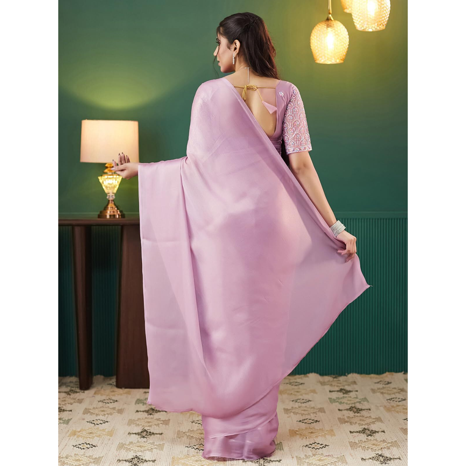 Satrani Women's Shimmer Georgette Top Dyed Saree With Unstitched Blouse Piece (4091S361N_Light Mauve)