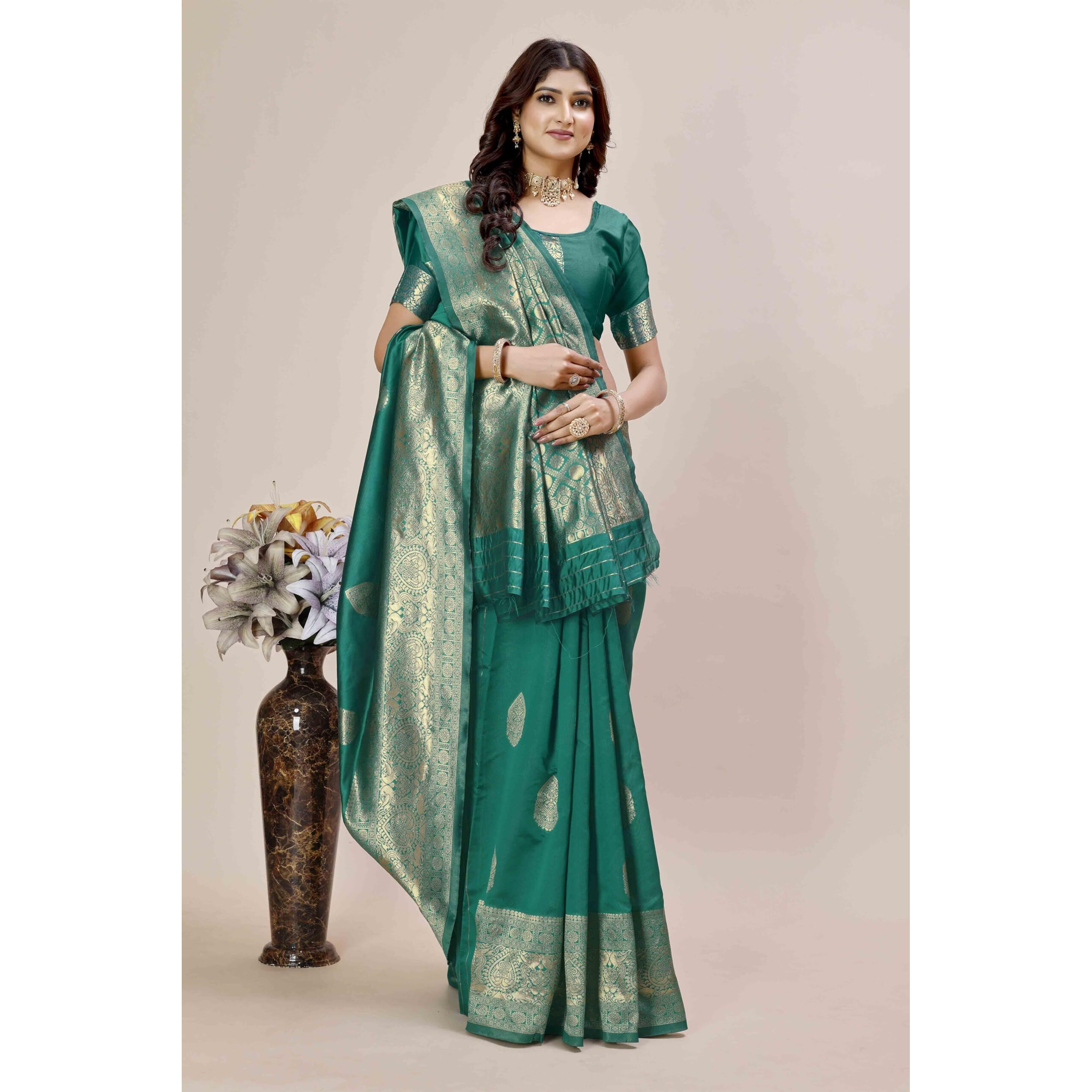 Shasmi Women's Banarasi Saree Pure Kanjivaram Silk Saree Soft New Ladies 2025 Design Wear Pattu Sarees Latest Party Sari Collections With Blouse Piece For Wedding Sadi (Pari-209) (Rama)